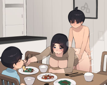 1girl 2boys age_difference akiyama_minato_(pepper0) akiyama_yuko_(pepper0) akiyama_yuto_(pepper0) black_hair bottomless breasts brothers chopsticks completely_nude doggystyle feeding food highres holding holding_chopsticks incest large_breasts mature_female mother_and_son motion_lines multiple_boys nude onee-shota original pepper0 sex sex_from_behind short_hair shota siblings