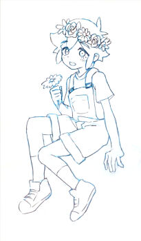 1boy antenna_hair basil_(headspace)_(omori) basil_(omori) blush double-parted_bangs flower flower_wreath full_body greyscale hair_between_eyes head_wreath highres holding holding_flower karume_ya_ki looking_at_viewer male_focus monochrome omori open_mouth overall_shorts overalls shirt shoes short_hair short_sleeves sidelocks simple_background sketch smile socks solo t-shirt
