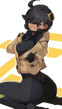 1girl absurdres ass black_bodysuit black_hair bodysuit bodysuit_under_clothes brown_jacket cowlick curvy dark-skinned_female dark_skin emma_(pokemon) goomrrat grin highres huge_ass jacket jacket_partially_removed looking_at_viewer looking_back mega_stone nintendo pokemon pokemon_legends:_z-a purple_eyes shiny_clothes short_hair sitting smile solo wariza wide_hips