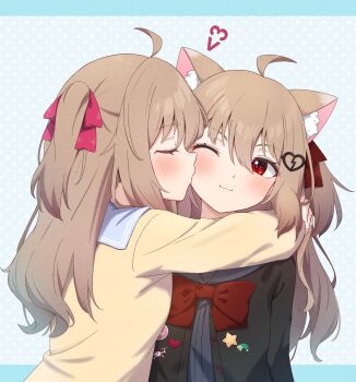 2girls absurdres ahoge animal_ears arms_around_neck black_cardigan black_sailor_collar black_shirt blue_background blue_sailor_collar blush bow bowtie broken_heart broken_heart_hair_ornament brown_hair buttons cardigan cat_ears chahanramen closed_eyes closed_mouth commission couple dress_shirt evil_neuro-sama facing_another from_side hair_between_eyes hair_bow hair_ornament hair_ribbon happy heart heart_button heart_hair_ornament highres hug implied_incest indie_virtual_youtuber kiss kissing_cheek long_hair long_sleeves looking_at_another multiple_girls neuro-sama one_eye_closed open_cardigan open_clothes outside_border pink_bow red_bow red_bowtie red_eyes red_ribbon ribbon sailor_collar second-party_source shirt siblings sisters smile star_button turtle_button twins two_side_up upper_body vedal_ai virtual_youtuber yellow_cardigan yuri