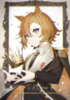 1girl animal_ears black_cape black_jacket black_necktie black_skirt blush breasts cape character_name closed_mouth collared_shirt commentary_request crown epaulettes gold_crown hair_between_eyes highres horse_ears horse_girl jacket long_sleeves looking_at_viewer necktie orange_hair picture_frame purple_eyes rown shikahisa_totani shirt short_hair skirt solo t.m._opera_o_(umamusume) umamusume white_shirt