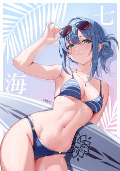 1girl 2_ru absurdres adjusting_eyewear bikini blue_bikini blue_eyes blue_hair blush border braid breasts commentary_request cowboy_shot diamond-shaped_pupils diamond_(shape) eyewear_lift eyewear_on_head flower glint grin hair_between_eyes hair_flower hair_ornament hand_on_eyewear highres jewelry looking_at_viewer magia_record:_mahou_shoujo_madoka_magica_gaiden mahou_shoujo_madoka_magica medium_breasts nanami_yachiyo nanami_yachiyo_(swimsuit_costume) navel necklace official_alternate_costume outside_border signature smile solo standing stomach striped_bikini striped_clothes sunglasses surfboard swimsuit symbol-shaped_pupils translation_request water_drop wet white_border white_flower yellow-framed_eyewear