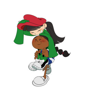 2024 2girls artist_request asian black_hair bluccoli blush carrying codename:_kids_next_door dark-skinned_female dark_skin highres korean_text multiple_girls non-web_source numbuh_3 numbuh_5 oversized_clothes piggyback ponytail source_request