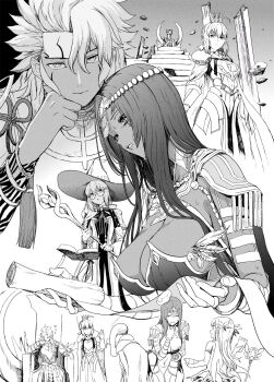 aesc_(fate) ahoge artoria_pendragon_(fate) bowing breasts cleavage commentary_request facial_mark fate/grand_order fate_(series) grand_caster_(fate) hat highres huge_breasts illyasviel_von_einzbern large_hat long_hair lord_logres_(fate) magical_ruby scheherazade_(fate) scroll sleeping solomon_(fate) staff syatey temple_of_time witch_hat