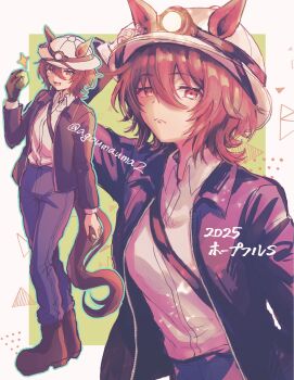 1girl agnes_tachyon_(umamusume) agoumauma2 animal_ears black_gloves black_jacket blue_pants boots breasts brown_hair closed_mouth collared_shirt commentary_request ears_through_headwear gloves hair_between_eyes headlamp helmet highres holding horse_ears horse_girl horse_tail jacket long_sleeves medium_hair open_clothes open_jacket open_mouth pants pith_helmet red_eyes shirt single_glove smile sparkle tail umamusume white_shirt