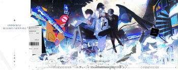 1girl 3boys bird black_coat black_hair black_shirt black_wings book chinese_text coat collared_shirt copyright_name crossed_legs demon_horns dove dual_persona feathered_wings full_body han_sooyoung highres holding holding_phone horns kim_dokja lens_flare looking_at_phone moon multiple_boys night official_alternate_costume oldest_dream omniscient_reader&#039;s_viewpoint open_book open_clothes open_coat outdoors phone road_sign roellm shirt short_hair sign stairs stool too_many too_many_birds train translation_request vest white_coat wings yellow_vest yoo_joonghyuk