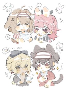 ! 4girls ? ?? ahoge animal_ears black_bow black_dress black_hair blonde_hair bow brown_hair cat cat_ears cherry_earrings closed_eyes commentary dark-skinned_female dark_skin dog_ears dress earrings flying_sweatdrops food-themed_earrings food_themed_earrings hair_bow hair_intakes headband highres holding holding_teapot jewelry kagari_mimi kemonomimi_mode kimi_ga_shinu_made_koi_wo_shitai lizzy_seiran maud_ali multiple_girls open_mouth pink_hair puffy_short_sleeves puffy_sleeves purple_eyes rabbit red_dress red_eyes sheep short_sleeves simple_background speech_bubble spoken_exclamation_mark striped_clothes striped_dress symbol-only_commentary teapot tears totsuki_shiina v-shaped_eyebrows vertical-striped_clothes vertical-striped_dress visor_cap white_background white_visor woodonly