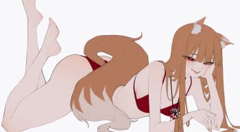 Rule 34 | 1girl, :p, absurdres, anemoneeanemone, animal ear fluff, animal ears, ass, bare arms, bare legs, bare shoulders, barefoot, bikini, blunt bangs, breasts, brown hair, elbow rest, eyes visible through hair, feet, feet up, highres, holo, long hair, looking at viewer, medium breasts, red bikini, red eyes, simple background, smile, solo, spice and wolf, swimsuit, tail, tongue, tongue out, white background, wolf ears, wolf tail