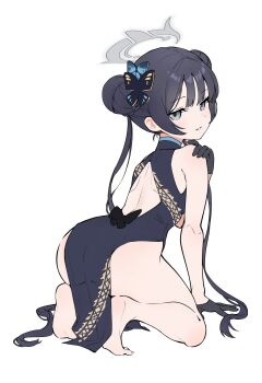 admiralkeyes bare_shoulders black_butterfly black_gloves black_hair blue_archive blue_butterfly bug butterfly butterfly_hair_ornament china_dress chinese_clothes commentary double_bun dress gloves grey_eyes grey_halo hair_bun hair_ornament halo hand_on_own_shoulder highres insect kisaki_(blue_archive) loli long_hair side_slit simple_background squatting twintails untranslatable_commentary very_long_hair white_background