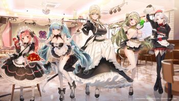 5girls ade_(nikke) animal_ears ankle_bow ankle_ribbon antenna_hair apron aqua_hair arm_cuffs arm_up ascot black_bow black_bowtie black_dress black_garter_straps black_gloves black_shoes black_thighhighs blonde_hair bow bowtie breast_strap breasts cat_ears chest_strap cleavage cleavage_cutout clothing_cutout cocoa_(nikke) coffee coffee_pot commentary_request company_name crossed_legs cup decantering detached_collar drake_(maid_for_villain)_(nikke) drake_(nikke) dress drinking_glass elbow_gloves food frills fruit garter_straps glasses gloves goddess_of_victory:_nikke green_ascot green_eyes green_hair hair_bow hair_ornament hand_on_own_hip hand_up head_tilt heart_antenna_hair height_difference high_heels highball_glass highres holding holding_cup holding_plate holding_saucer holding_tray huge_breasts indoors juliet_sleeves katase_bono ketchup ketchup_bottle large_breasts leaning_forward leg_up lemon lemon_slice lineup long_dress long_hair long_sleeves looking_at_viewer low_neckline maid maid_apron maid_for_you_(nikke) maid_headdress mole mole_on_breast multiple_girls official_art omelet omurice one_eye_closed open_mouth parted_bangs parted_lips partial_commentary pink_hair plate pouring privaty_(nikke) privaty_(unkind_maid)_(nikke) puffy_sleeves purple_eyes red_eyes red_headdress red_wrist_cuffs ribbon saucer shiny_skin shoes short_dress short_hair skirt_hold small_breasts smile socks soda_(nikke) standing standing_on_one_leg swept_bangs teeth thighhighs tray twintails undersized_breast_cup very_long_hair white_apron white_bow white_bowtie white_garter_straps white_gloves white_hair white_socks white_thighhighs wrist_cuffs yellow_eyes