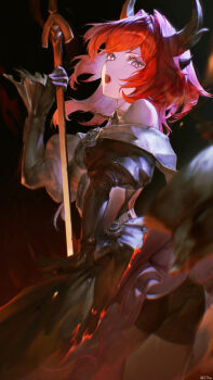 Rule 34 | 1girl, arknights, arknights: endfield, backless dress, backless outfit, bare shoulders, black dress, black gloves, commentary, demon girl, demon horns, detached sleeves, dress, gloves, highres, holding, holding sword, holding weapon, horns, intemind, laevatain (arknights), looking at viewer, open mouth, purple eyes, red hair, short hair, sidelocks, slit pupils, solo, surtr (arknights), sword, weapon