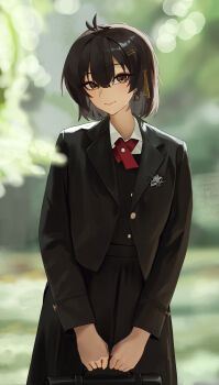 1girl absurdres art_study black_dress black_hair black_jacket blurry blurry_background closed_mouth commentary dress earrings english_commentary female_rover_(wuthering_waves) hair_ribbon highres jacket jewelry leppib looking_at_viewer outdoors ribbon rover_(wuthering_waves) smile solo triangle_earrings wuthering_waves yellow_eyes yellow_ribbon