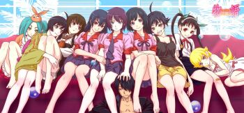 Rule 34 | 1boy, 6+girls, aqua hair, araragi karen, araragi koyomi, araragi tsukihi, barefoot, bisexual female, black eyes, black hair, blonde hair, blue hair, brown eyes, brown hair, feet, green eyes, hachikuji mayoi, hanekawa tsubasa, harem, highres, kanbaru suruga, legs, long hair, long legs, monogatari (series), multiple girls, ononoki yotsugi, oshino shinobu, pointy ears, purple eyes, purple hair, red eyes, school uniform, sengoku nadeko, senjougahara hitagi, short hair, side ponytail, sjw kazuya, toes, twintails, yellow eyes