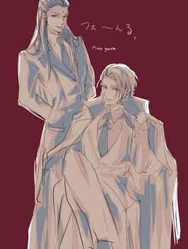 2boys arms_behind_back artist_name bindi blonde_hair closed_mouth collar earrings eyebrows eyes_visible_through_hair final_fantasy final_fantasy_vii final_fantasy_vii_remake fingerless_gloves formal_clothes gloves japanese_text jewelry long_hair looking_at_viewer male_focus multiple_boys necktie ponco_pacoooon rufus_shinra short_hair simple_background sitting square_enix standing suit tseng turks_(ff7) wing_collar