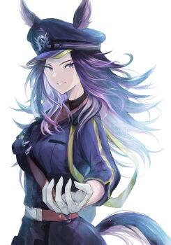 1girl animal_ears commentary_request fenomeno_(black_flames_of_the_righteous_spirit)_(umamusume) fenomeno_(umamusume) gloves hat highres horse_ears horse_girl horse_tail long_hair peaked_cap purple_hair simple_background smile solo tail umamusume white_background white_gloves yue_(lov_n_n)