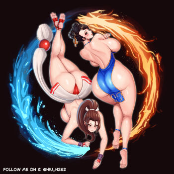 2girls ass backboob barefoot blue_dress blue_nails breasts brown_hair capcom chun-li crossover double_bun dress fatal_fury feet female_focus hair_bun huge_ass huge_breasts long_hair multiple_girls ponytail red_nails shiranui_mai street_fighter thong toes
