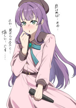 1girl :o aqua_ribbon beret blush brown_hat commentary_request cowboy_shot dream_believers dress goldluck green_eyes hat highres holding holding_microphone link!_like!_love_live! long_hair long_sleeves looking_at_viewer love_live! microphone neck_ribbon nervous_sweating nose_blush open_mouth otomune_kozue pink_dress pinstripe_ribbon purple_hair ribbon sidelocks simple_background solo sweat translation_request v-shaped_eyebrows very_long_hair virtual_youtuber white_background