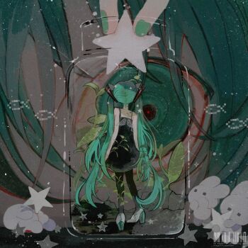 Rule 34 | 2girls, absurdly long hair, bare shoulders, black dress, black leggings, creature, dress, from behind, glass jar, green eyes, green hair, hashtag-only commentary, hatsune miku, high heels, highres, in container, in jar, jar, leggings, li04r, long hair, looking at another, mini person, minigirl, multiple girls, rabbit, shoes, star (symbol), twintails, very long hair, vocaloid, watermark