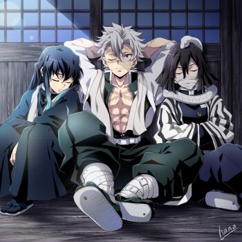 3boys abs animal animal_around_neck aqua_hair bandage_on_face bandages bandages_over_mouth belt belt_buckle black_hair black_hakama black_socks buckle buttons closed_eyes covered_mouth demon_slayer_uniform green_hakama green_socks hakama hakama_pants hana_ni_nare haori highres iguro_obanai japanese_clothes kaburamaru kimetsu_no_yaiba knees_up leaning_on_person long_hair male_focus multicolored_hair multiple_boys one_eye_closed pants pectorals sandals scar scar_on_arm scar_on_chest scar_on_face scar_on_forehead scar_on_neck scar_on_nose scar_on_stomach shinazugawa_sanemi shouji signature sitting sleeping sliding_doors snake snake_wrapped_around_neck socks striped_haori sweatdrop tabi tokitou_muichirou toned toned_male white_belt white_hair white_haori white_snake zouri