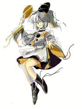 1girl 6osquet black_hat black_shoes black_skirt full_body grey_eyes grey_hair hat highres japanese_clothes kariginu looking_at_viewer medium_hair mononobe_no_futo open_mouth plate ponytail ribbon-trimmed_sleeves ribbon_trim shoes skirt solo tate_eboshi touhou