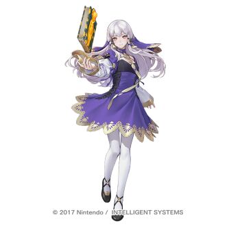 1girl blush book breasts choker closed_mouth commentary_request dress fire_emblem fire_emblem:_three_houses fire_emblem_heroes hair_ornament long_hair long_sleeves looking_at_viewer lysithea_von_ordelia lysithea_von_ordelia_(timeskip) ne-on nintendo official_art pantyhose pink_eyes purple_choker purple_dress purple_veil simple_background small_breasts smile solo veil white_background white_hair white_pantyhose
