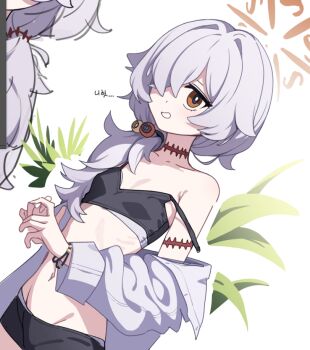 1girl alternate_costume alternate_hairstyle bikini black_bikini blue_archive bracelet brown_eyes brown_halo commentary cropped dong_ji eyeball_hair_ornament grey_hair hair_over_one_eye halo jewelry kanoe_(blue_archive) long_hair long_sleeves navel one_eye_covered plant ribs simple_background solo swimsuit symbol-only_commentary translation_request white_background