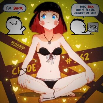 1boy 1girl anklet artist_name artist_self-insert barefoot barefoot_sandals_(jewelry) black_bra black_hair black_panties blue_eyes bow bra bracelet brand_name_imitation calvin_klein chibi chloe_(srgrafo) english_text feet hammer_and_sickle heart heart_necklace jewelry looking_at_viewer multicolored_eyes multicolored_hair multiple_views necklace original pale_skin panties red_hair saliva shaded_face solo_focus srgrafo thermometer toenails two-tone_eyes two-tone_hair typo under_covers underwear underwear_only waving white_bow