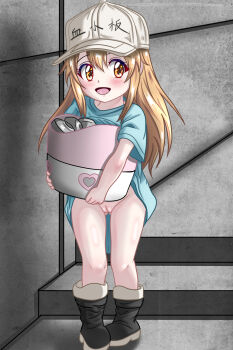 1girl baseball_cap basket black_boots blue_shirt blush boots bottomless brown_eyes brown_hair chapio clothes_lift clothes_writing exhibitionism hat hataraku_saibou heart highres holding holding_basket loli long_hair looking_at_viewer no_panties open_mouth oversized_clothes oversized_shirt platelet_(hataraku_saibou) public_indecency pussy shirt shirt_lift short_sleeves smile stairs walking white_hat