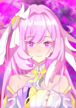 1girl artist_name bow breasts commentary corset diamond-shaped_pupils diamond_(shape) elysia_(herrscher_of_human:_ego)_(honkai_impact) elysia_(honkai_impact) english_commentary hair_bow highres honkai_(series) honkai_impact_3rd large_breasts long_hair looking_at_viewer multicolored_hair pink_hair purple_eyes solo symbol-shaped_pupils triquetra two-tone_hair upper_body very_long_hair white_corset white_hair wholri_lim