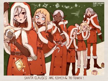 2boys 4girls bags_under_eyes black_eyes blonde_hair blue_eyes boots capelet cithis dark-skinned_female dark_elf dark_skin dress dungeon_meshi elf english_text facial_mark fleki forehead_mark fur-trimmed_capelet fur_trim green_eyes grey_hair highres holding holding_sack jacket long_hair low_twintails lycion merry_christmas mithrun multiple_boys multiple_girls notched_ear one_eye_closed open_mouth otta_(dungeon_meshi) pachix2_corgi pants pattadol pointy_ears purple_eyes red_capelet red_dress red_jacket red_pants sack santa_costume short_hair sweatdrop torn_sack twintails yellow_eyes