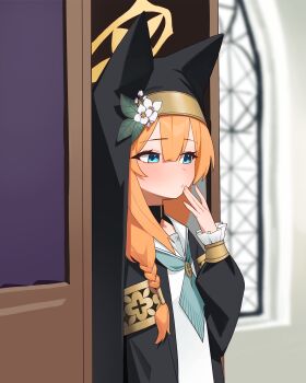 1girl absurdres animal_ear_headwear armband blue_archive blue_eyes blue_neckerchief closed_mouth coif fake_animal_ears flower from_side halo hat hat_flower highres holypotato0 long_hair long_sleeves mari_(blue_archive) neckerchief orange_hair solo upper_body white_flower yellow_armband yellow_halo