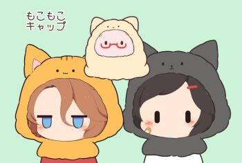 Rule 34 | 3girls, animal hood, bandaid, bandaid on cheek, bandaid on face, biwa hayahide (umamusume), black hair, blue eyes, blush, bnw (umamusume), brown hair, cat hood, chibi, chibi only, commentary request, glasses, gomashio (goma feet), green background, hair ornament, hairclip, hood, hood up, jitome, multiple girls, narita taishin (umamusume), red-framed eyewear, semi-rimless eyewear, short hair, simple background, translation request, umamusume, under-rim eyewear, upper body, winning ticket (umamusume), | |