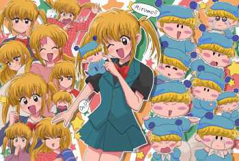1boy 1girl ^_^ absurdres blonde_hair blue_pajamas blunt_bangs blush blush_stickers bow bowtie bridal_gauntlets closed_eyes commentary_request highres minami_kaede mini_person mirumo mirumo_de_pon! multiple_views one_eye_closed open_mouth pajamas parumuttyo pom_pom_(clothes) sack school_uniform sidelocks single_bridal_gauntlet solid_oval_eyes star_(symbol) tears twintails v-shaped_eyebrows