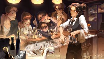 bar_(place) black_necktie black_vest blush bottle ceiling_light chin_rest collared_shirt commentary cooler cup display_case drinking_glass drooling drunk english_commentary everyone grassjellyg00d han_sooyoung hand_up head_on_head head_rest highres holding holding_cup holding_phone index_finger_raised indoors jewelry jung_heewon kim_dokja lee_hyunsung necklace necktie omniscient_reader's_viewpoint outstretched_arm phone pushing_away shirt sink smirk talking_on_phone towel vest white_shirt wine_glass yoo_joonghyuk yoo_sangah