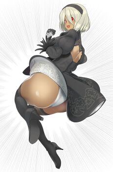 1girl 2b_(nier:automata) 2b_(nier:automata)_(cosplay) aasara afloat ass ass_focus back_cutout black_dress black_gloves black_hairband black_thighhighs clothing_cutout commentary_request cosplay dark-skinned_female dark_skin dress from_behind full_body gloves gravity_daze hairband high_heels highres juliet_sleeves kitten_(gravity_daze) leotard long_sleeves mole mole_under_mouth motion_lines nier:automata nier_(series) no_blindfold panties pantyshot puffy_sleeves red_eyes short_hair smile solo thick_thighs thighhighs thighs underwear upskirt white_leotard wind wind_lift