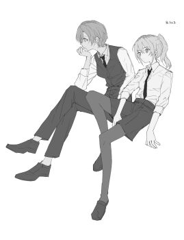2girls collared_shirt commentary frills girls_band_cry greyscale head_rest highres invisible_chair kawaragi_momoka mole mole_under_eye monochrome multicolored_hair multiple_girls n_nai_nai_n necktie pants pantyhose pantyhose_under_shorts ponytail roots_(hair) rupa_(girls_band_cry) shirt shorts simple_background sitting three-quarter_sleeves vest white_background