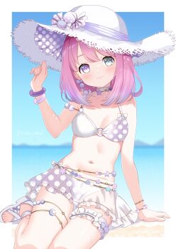 1girl absurdres adjusting_clothes adjusting_headwear beach bikini bikini_skirt blue_sky blurry blurry_background bracelet breasts candy_hat_ornament choker cleavage closed_mouth cloud commentary_request day frilled_bikini frilled_thigh_strap frills gradient_hair green_eyes hat heterochromia highres himemori_luna himemori_luna_(summer) hololive jewelry looking_at_viewer medium_breasts multicolored_hair navel o-ring o-ring_bikini o-ring_top official_alternate_costume official_alternate_hair_length official_alternate_hairstyle outdoors pink_hair polka_dot polka_dot_bikini polka_dot_hat purple_eyes purple_hair sandals sitting sky solo sun_hat swimsuit thigh_strap thighlet toketa-sekai virtual_youtuber white_bikini white_choker white_hat white_sandals yokozuwari