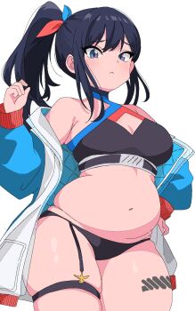 Rule 34 | 1girl, :<, alternate body size, alternate costume, belly, black bra, black garter belt, black garter straps, black hair, black panties, blue eyes, bow, bra, breasts, commentary, crustacean crab, garter belt, garter straps, gridman (character), gridman (denkou choujin), gridman universe, hair bow, high ponytail, highres, jacket, long hair, long sleeves, looking at viewer, medium breasts, navel, open clothes, open jacket, panties, plump, ponytail, racing suit, solo, ssss.gridman, takarada rikka, takarada rikka (solarain toys), thick thighs, thighs, underwear, weight gain