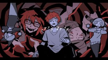 5boys black_eyes commentary_request extra_eyes freckles fuji_den_fujiko glasses letterboxed limited_palette luther_von_ivory male_focus multiple_boys nyen_(randal's_friends) nyon_(randal's_friends) randal's_friends randal_ivory red_background red_hair sebastian_de_tomato_smith_chicken_legs sharp_teeth shirt short_hair teeth