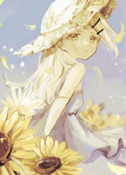 Rule 34 | 1girl, blue sky, breasts, colored eyelashes, commentary, dress, falling petals, field, floating hair, flower, flower field, from side, gakuen idolmaster, grey dress, grey hair, hair ornament, hairclip, hat, highres, idolmaster, long hair, looking at viewer, orange eyes, outdoors, parallel hairclips, parted lips, petals, shinosawa hiro, sky, small breasts, solo, straw hat, sun hat, sunflower, untranslatable commentary, upper body, wind, yskpiri