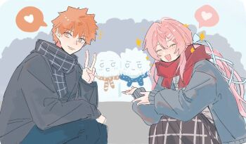 Rule 34 | 1girl, bare tree, blush, christmas, cold, couple, emiya shirou, fate/stay night, fate (series), gaoyue jixiang, groom, long hair, momomiya shizuku (gaoyue jixiang), oc x canon, orange hair, original, outdoors, pastels, pink eyes, pink hair, red hair, red scarf, scarf, smile, snow, snowing, snowman, tree, winter, winter clothes