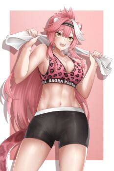 1girl abs alternate_costume animal_ear_fluff animal_ears bike_shorts black_headband black_shorts blush border breasts cleavage clothes_writing commentary cowboy_shot drop_shadow english_commentary eyelashes fingernails hair_intakes headband highres holding holding_towel hololive hololive_english long_hair multicolored_hair nail_polish navel open_mouth panther_ears panther_girl panther_print panther_tail pink_background pink_hair pink_nails pink_sports_bra ponytail popcornflakes print_sports_bra raora_panthera shorts simple_background slit_pupils smile solo sports_bra steam stomach streaked_hair sweat tail teeth toned toned_female towel two-tone_hair upper_teeth_only very_long_hair virtual_youtuber white_border white_hair yellow_eyes