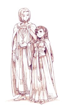 1boy 1girl arms_behind_back braid breasts cape commentary_request dress ferdinand_(honzuki_no_gekokujou) greyscale hatching_(texture) height_difference highres hitsuki_(hiidukii) honzuki_no_gekokujou limited_palette long_dress medium_breasts monochrome myne_(honzuki_no_gekokujou) sepia shoes smile wide_sleeves