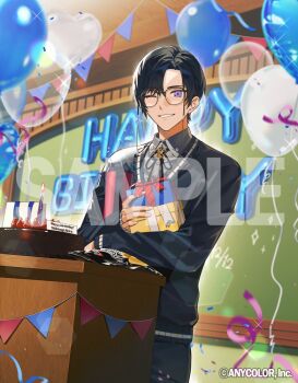 Rule 34 | 1boy, ;d, balloon, banner, black-framed eyewear, black cardigan, black hair, black pants, black ribbon, blurry, bokeh, cake, candle, cardigan, chalkboard, character name, collared shirt, commentary request, company name, confetti, copyright notice, depth of field, fire, food, fruit, gift, glasses, grey shirt, grin, happy birthday, holding, holding gift, kidkuroba4869, male focus, neck ribbon, nijisanji, official alternate costume, official alternate hairstyle, official art, one eye closed, open mouth, pants, purple eyes, ribbon, sample watermark, shikinagi akira, shikinagi akira (school uniform), shirt, smile, solo, sparkle, strawberry, streamers, teeth, virtual youtuber, watermark