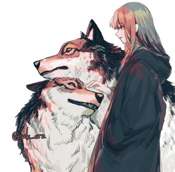 1girl black_fur black_hoodie blonde_hair commentary_request hand_in_pocket highres hood hoodie long_hair original red_eyes sak_orz sharp_teeth simple_background smile snout standing teeth two-tone_fur white_background white_fur wolf