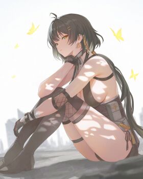 1girl antenna_hair bare_shoulders black_boots black_hair black_thighhighs boots breasts bug butterfly closed_mouth commentary ddcc0123 earrings elbow_pads female_rover_(wuthering_waves) from_side hair_ornament hair_ribbon hairclip hand_up highres insect jewelry knees_up large_breasts legs_together looking_at_viewer low_ponytail parallel_hairclips ponytail ribbon rover_(wuthering_waves) sideboob simple_background sitting solo symbol-only_commentary thigh_boots thigh_strap thighhighs thighhighs_under_boots thighs triangle_earrings white_background wuthering_waves yellow_butterfly yellow_eyes yellow_ribbon