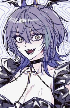 1girl :d bat_wings black_choker black_leotard black_wings blue_hair breasts choker cleavage collarbone commentary cross cross_choker eyelashes genderswap genderswap_(mtf) gradient_hair grey_eyes grey_hair hair_between_eyes head_wings koyanagi_rou large_breasts leotard looking_at_viewer medium_hair multicolored_hair mummeo_p nijisanji open_mouth ringed_eyes sharp_teeth smile solo strapless strapless_leotard teeth upper_body virtual_youtuber white_background wide-eyed wings wolf_cut