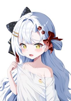 1girl absurdres aoba_nene arm_at_side armpit_crease bare_shoulders blush bow character_request collarbone commentary commission copyright_request diamond-shaped_pupils diamond_(shape) fang fluffy_hair grey_hair hair_bow hair_intakes hair_ornament hair_rings hairclip hand_up highres horns long_hair looking_at_viewer no_bra off-shoulder_shirt off_shoulder open_mouth parallel_hairclips pink_pupils polka_dot polka_dot_bow raised_inner_eyebrows red_bow see-through_clothes see-through_shirt shirt shirt_tug simple_background single_hair_ring single_horn solo sweat symbol-only_commentary symbol-shaped_pupils upper_body white_background white_shirt yellow_eyes