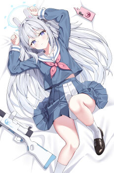 1girl absurdres blue_archive blue_halo blue_shirt blue_skirt cellphone commentary_request halo highres long_hair long_sleeves looking_at_viewer lying miyako_(blue_archive) on_back phone pleated_skirt school_uniform serafuku shirt skirt sob_(submar1089) white_hair