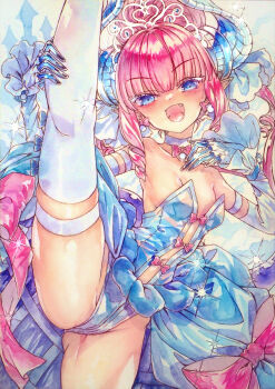 1girl blue_eyes blush breasts chikinan_tarou elizabeth_bathory_(cinderella)_(fate) elizabeth_bathory_(fate) fang fate/grand_order fate_(series) gloves groin_tendon highres horns leg_up leotard long_hair looking_at_viewer open_mouth painting_(medium) pink_hair small_breasts smile solo split standing standing_on_one_leg standing_split thighhighs traditional_media watercolor_(medium)